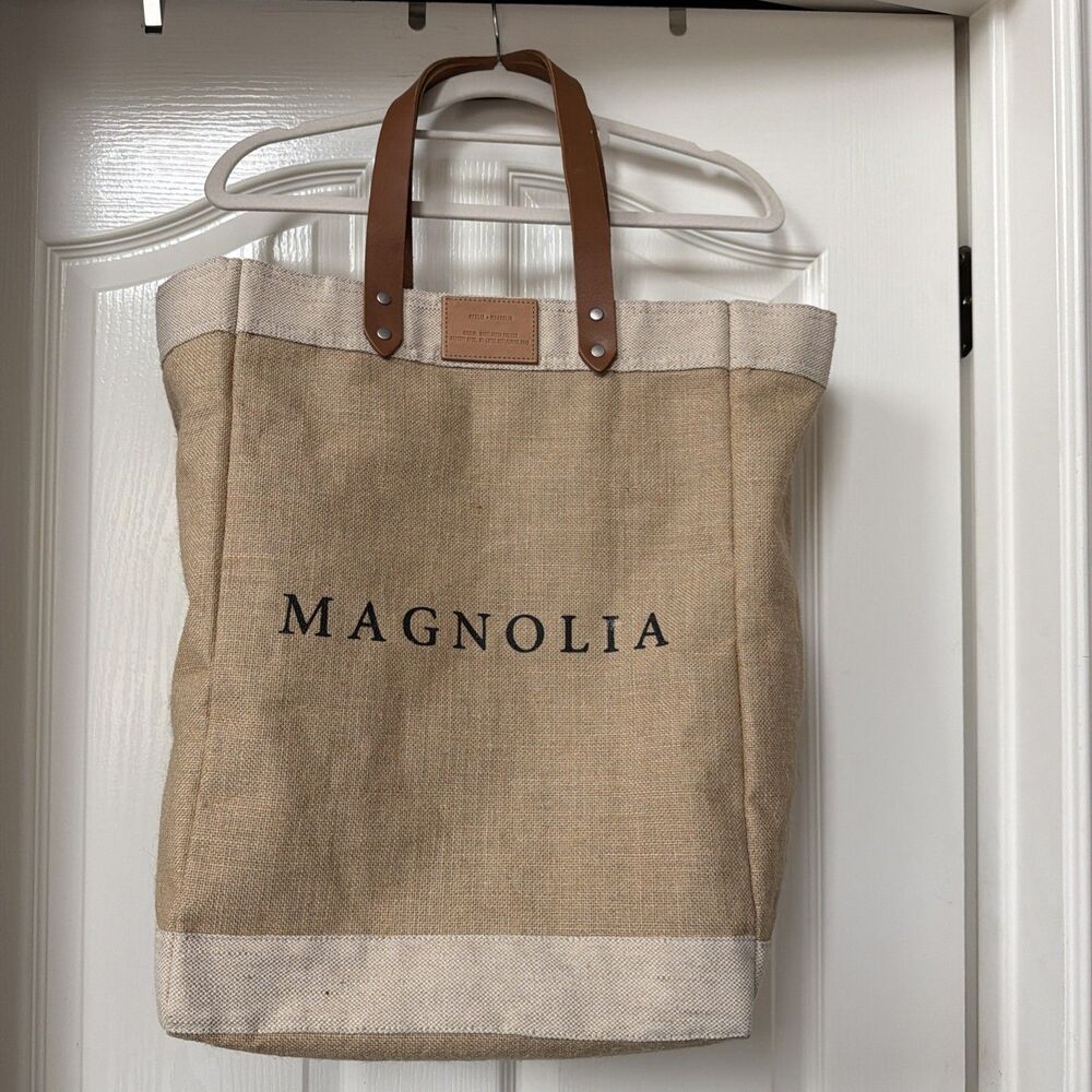 Magnolia Apolis Large Market Shopping Tote Bag Jute Burlap Leather With Pocket